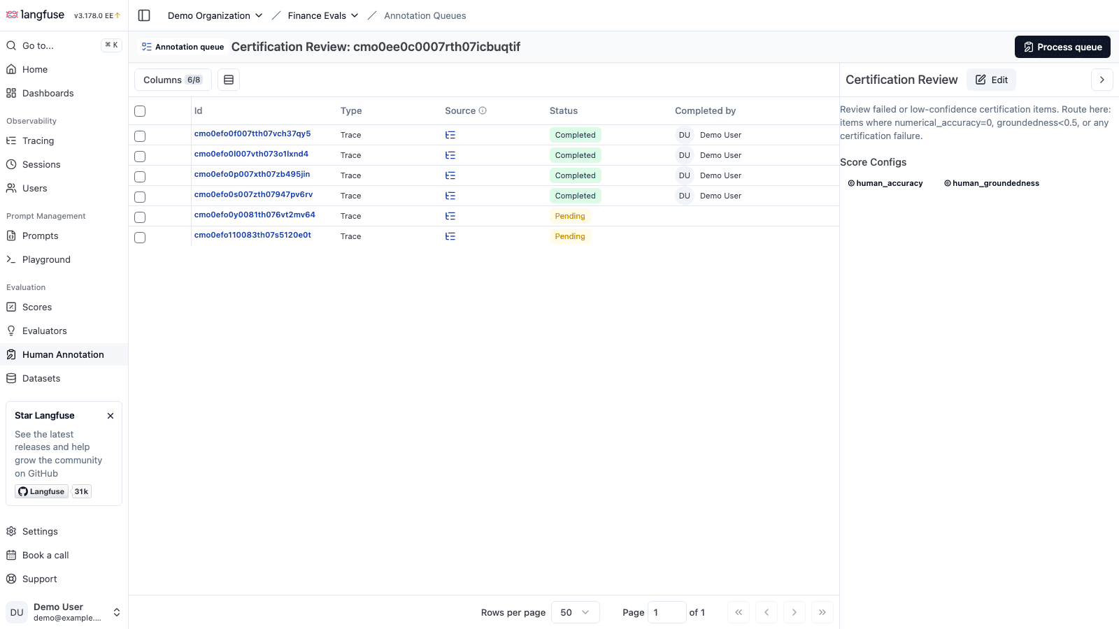 The Certification Review annotation queue in Langfuse, with pending and completed human reviews