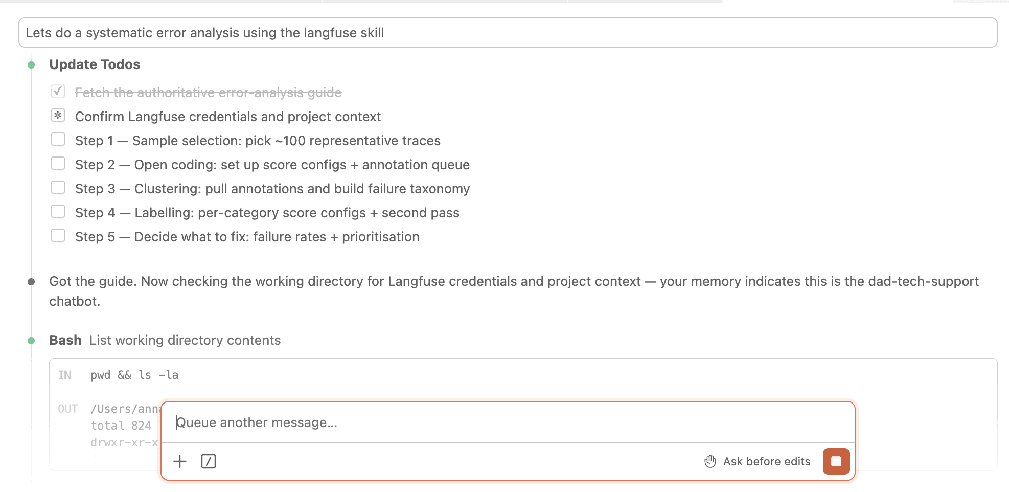 Claude Code planning the error analysis steps as a TODO list