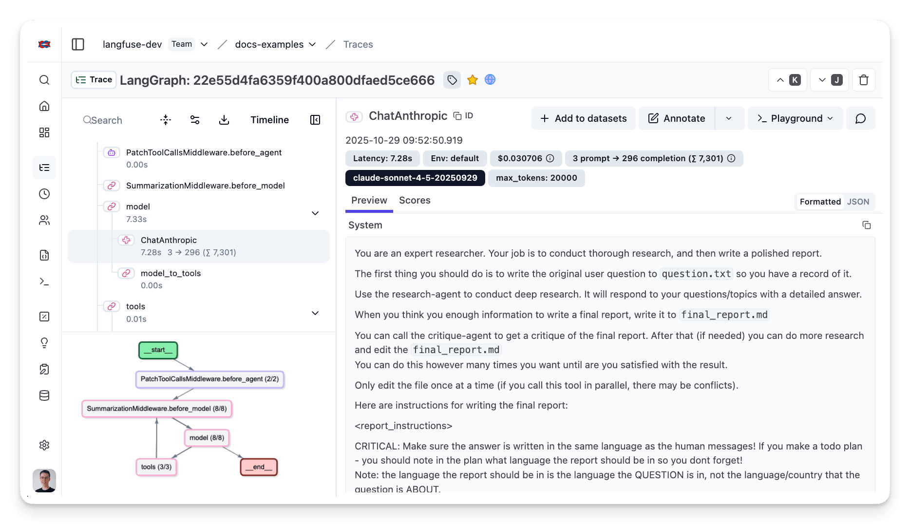 LangChain DeepAgents trace visualization in
Langfuse