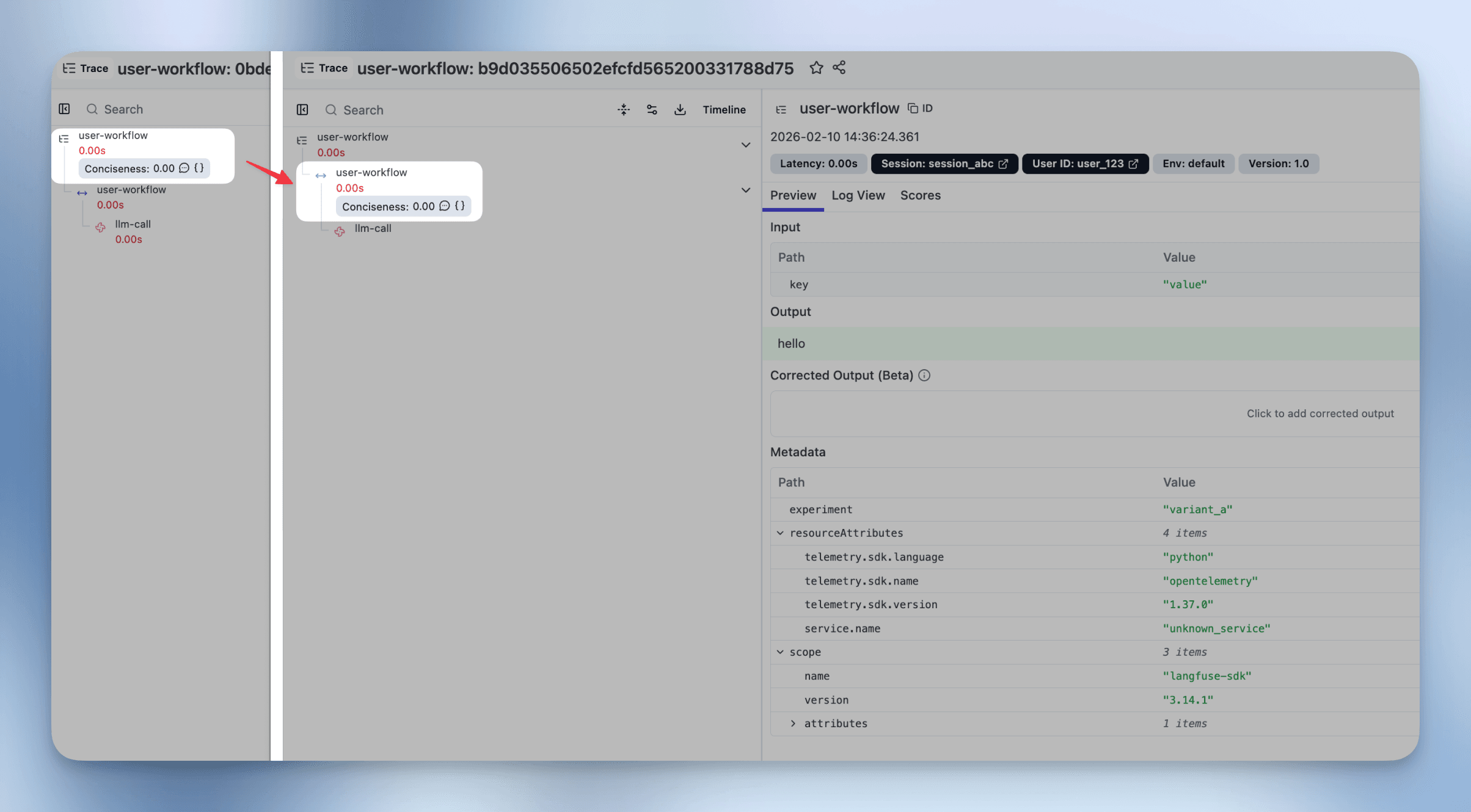 Before and after the upgrade: the evaluator score moves from the trace to
the matched observation